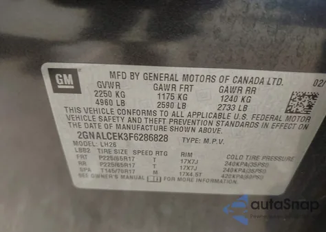 2015 Chevrolet Equinox 2Lt из США, поврежденный, VIN 2GNALCEK3F6286828